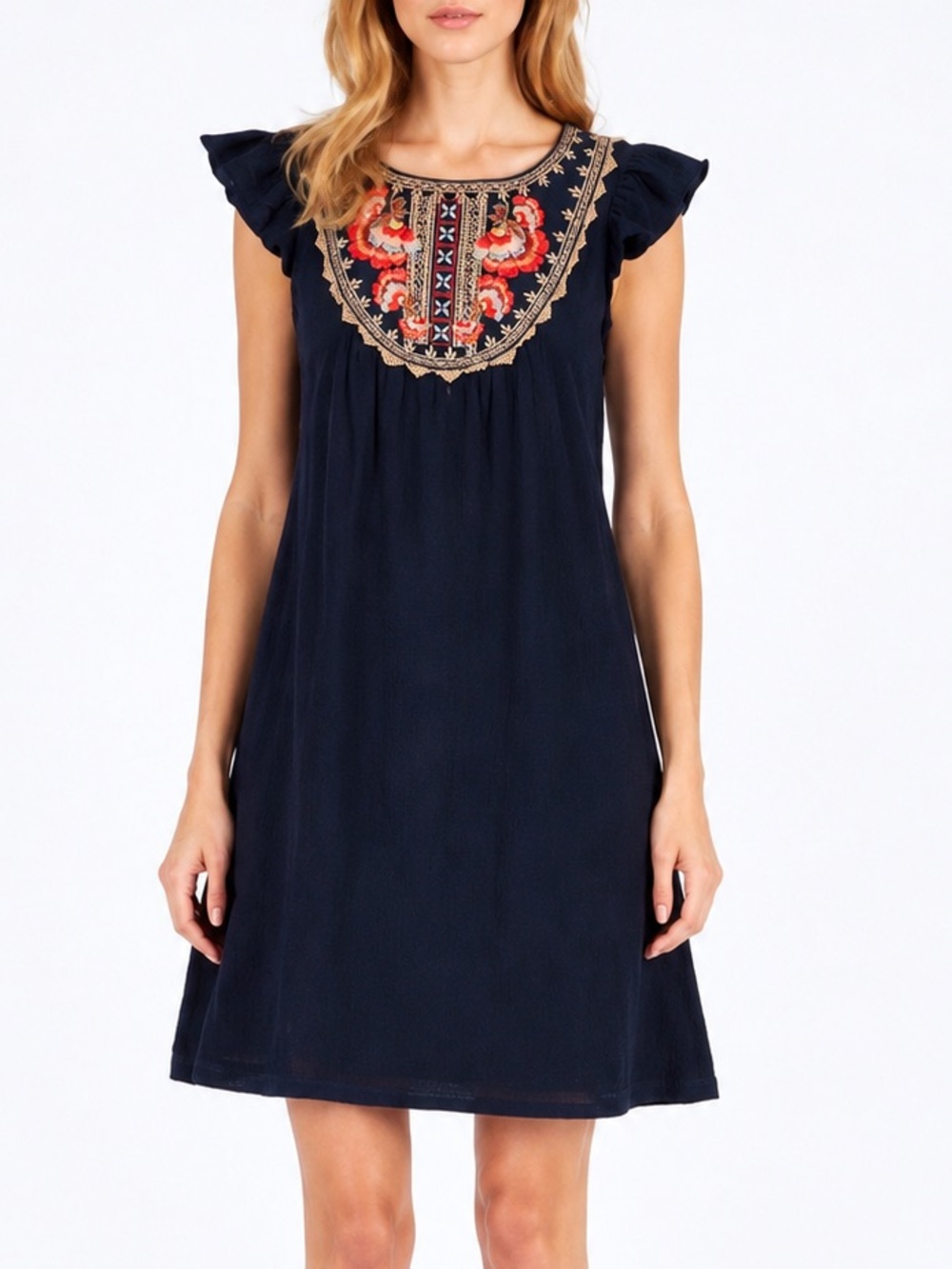 THML Embroidered Flutter Sleeve Navy Shift Dress Boho Floral Lined Cotton - S